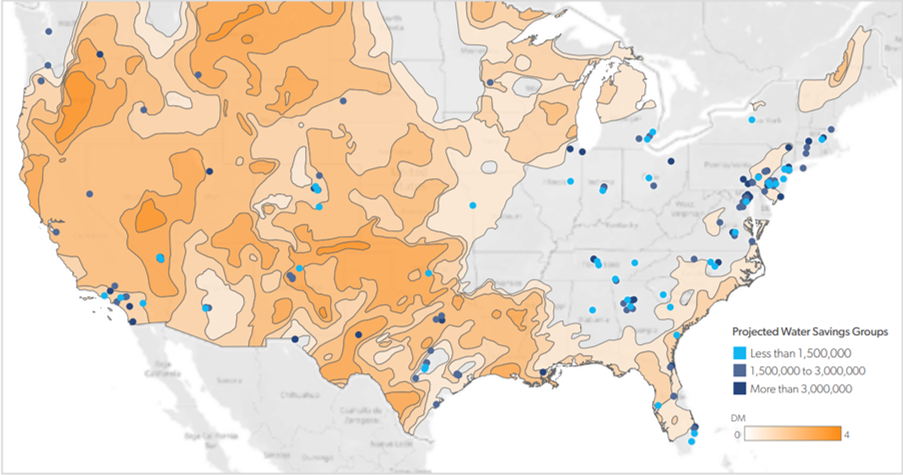 U.S. Drought Monitor Map and Green Bonds Property Locations | Projected Water Savings