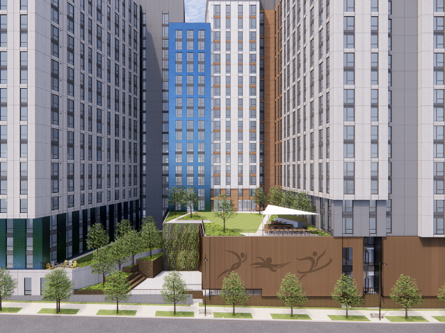 Architectural rendering of exterior community center.