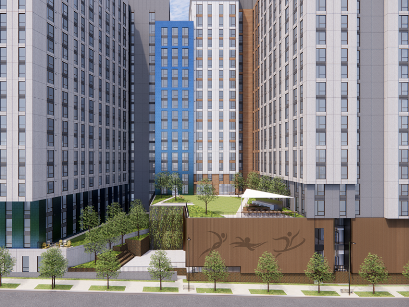Architectural rendering of exterior community center.