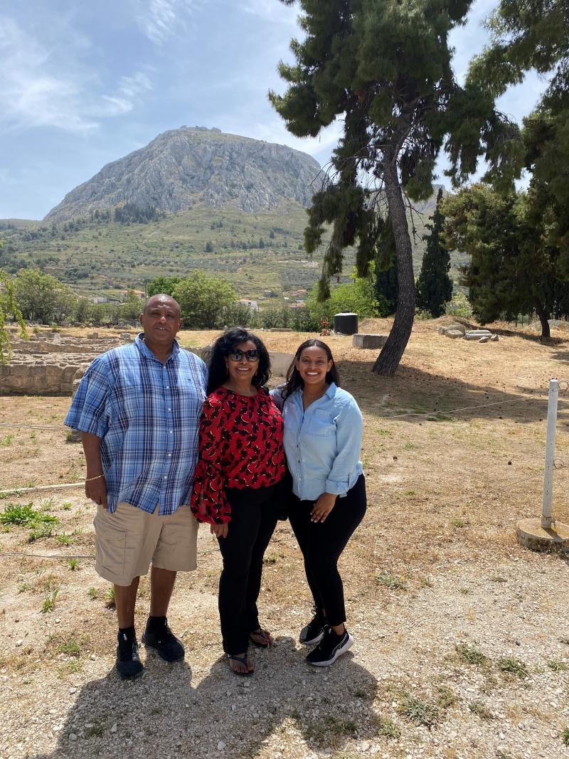 Maron Fasil with her parents in Corinth, Greece